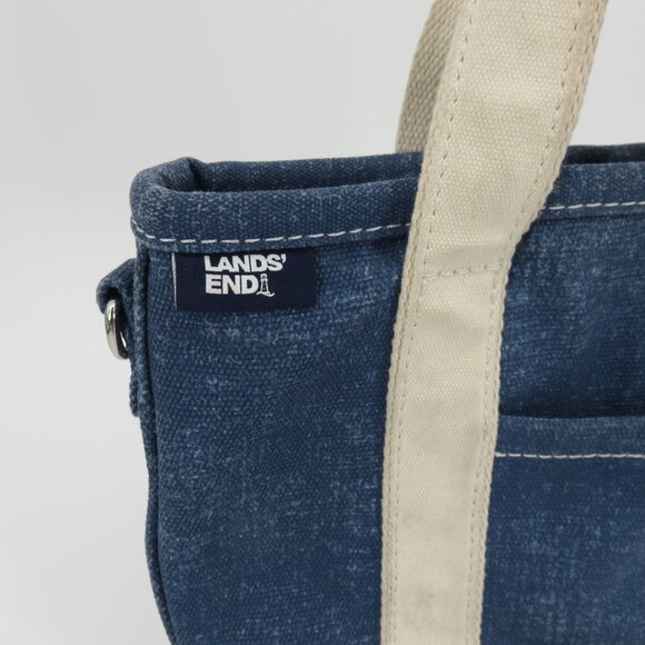 Lands End Small Solid Blue 3 Pocket Zip Top Canvas Tote Bag Crossbody D Rings - Picture 2 of 15